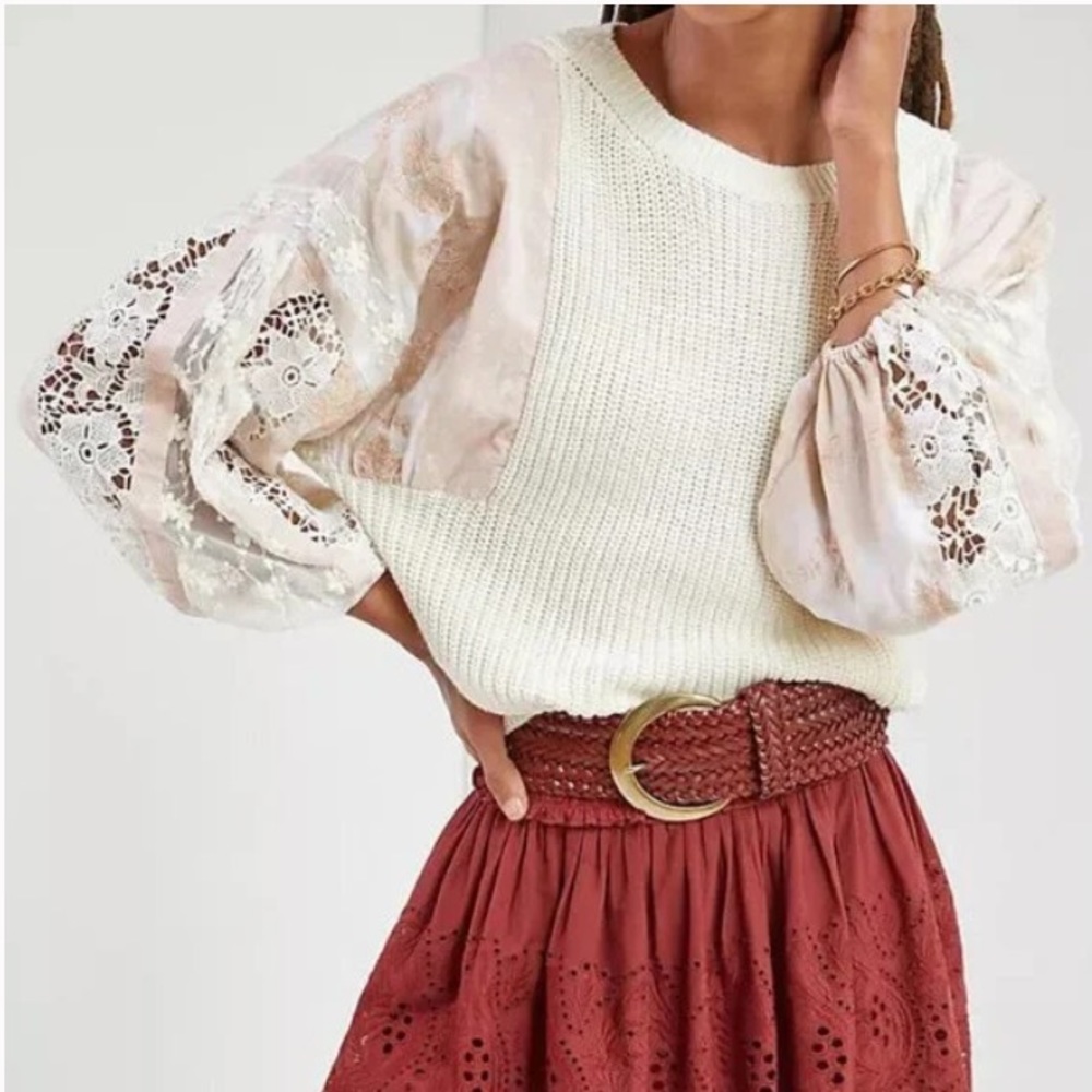 Anthropologie Pilcro S NWT Martine Peasant-Sleeve Dolman Sweater Ivory Pink